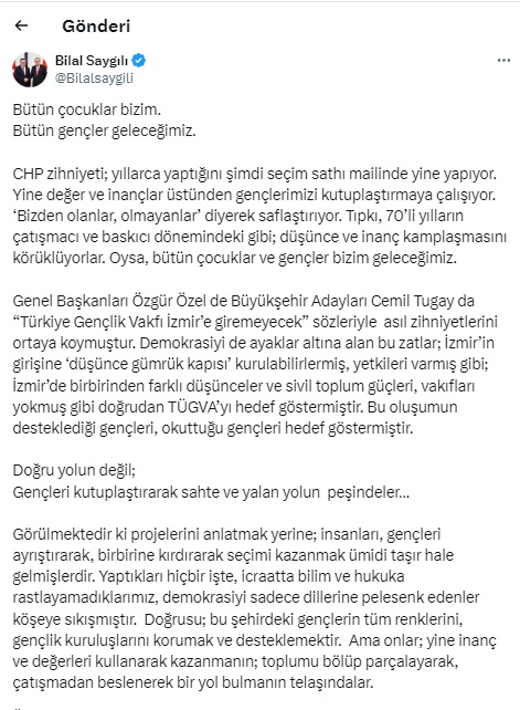 AK Parti İzmir İl Başkanı Saygılı'dan CHP Lideri Özel ve Tugay'a Türkiye Gençlik Vakfı cevabı