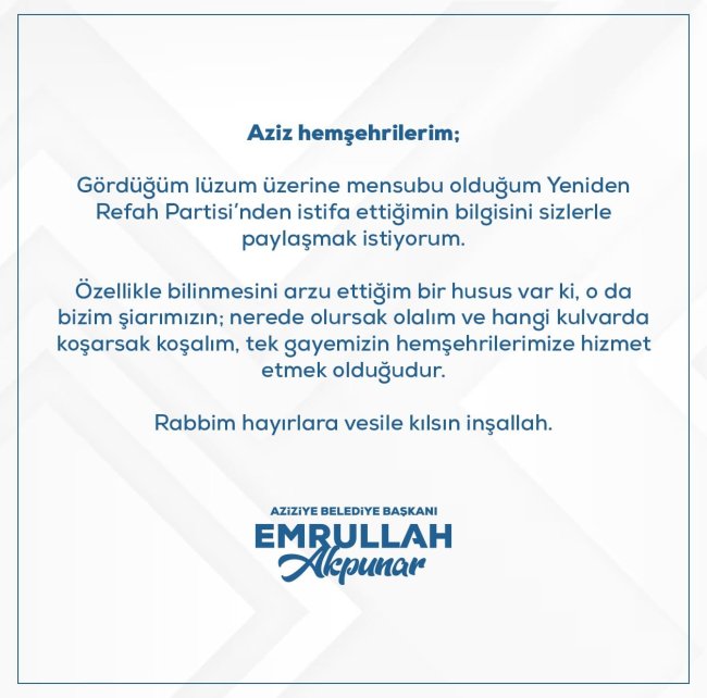 Akpunar'ın Yeniden Refah Partisi'nden İstifası yerel siyasette büyük yankı uyandırdı