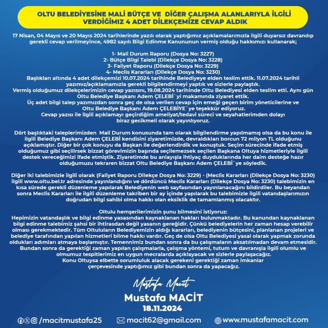 Mustafa Macit: Oltu Belediyesi’nin Mali Durumu ile İlgili Cevapları Aldık