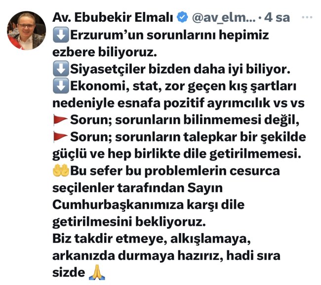 Erzurumlu Hukukçu Ebubekir Elmalı'dan Dikkat Çeken Paylaşım