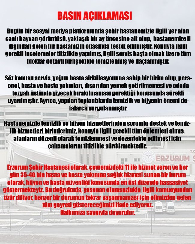 Erzurum Şehir Hastanesi'nden 'Canlı Hayvan' Açıklaması