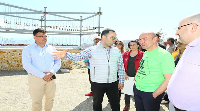 Başkan Soyer, Macera Park'ı gezdi, spor tırmanışı yaparak zipline'a bindi