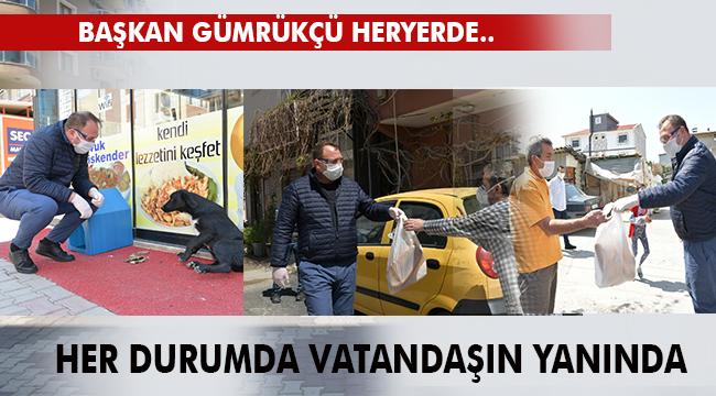 Başkan Gümrükçü önce vatandaşa ekmek, ardından sokak hayvanlarına mama dağıttı