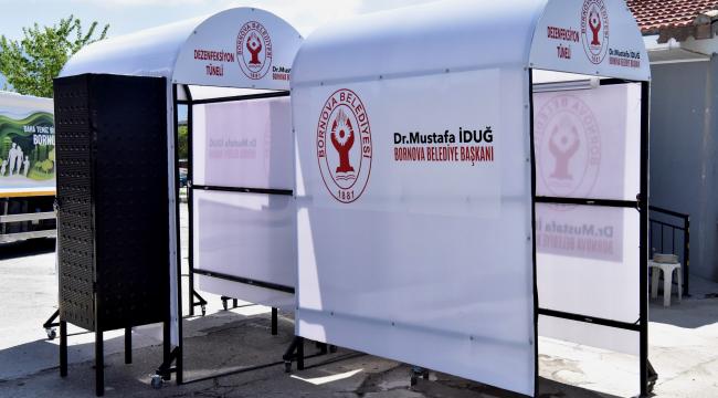 Bornova’daki tüm pazarlara  dezenfektan tüneli