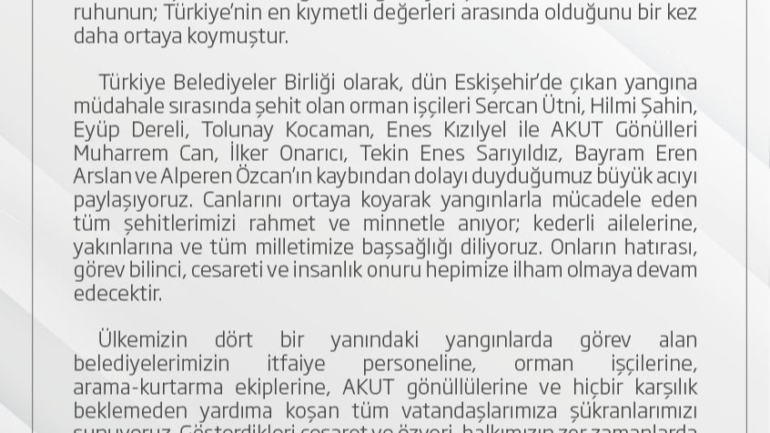 Türkiye Belediyeler Birliğinden Taziye Mesajı