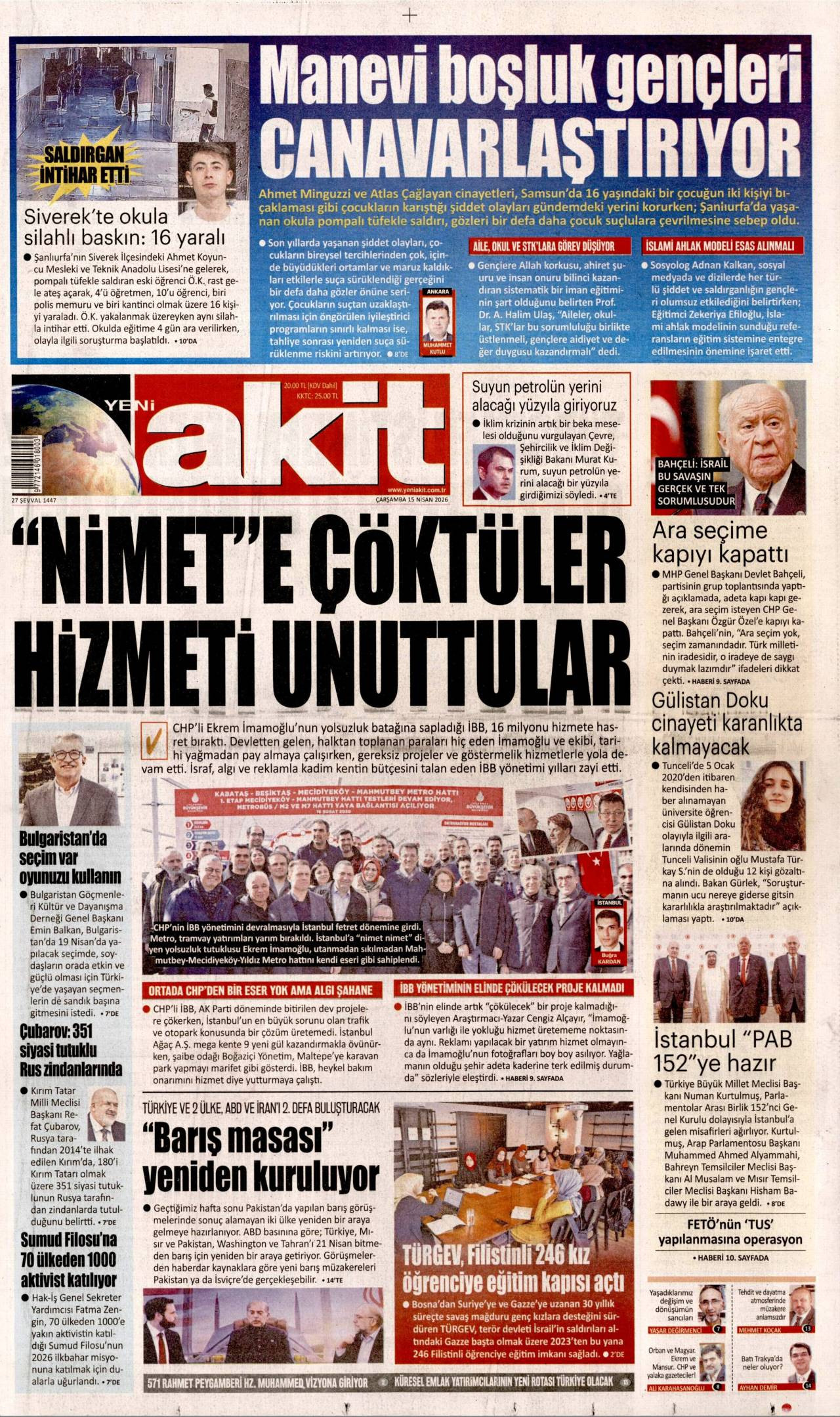 Yeni Akit Gazetesi Gazete Manşeti