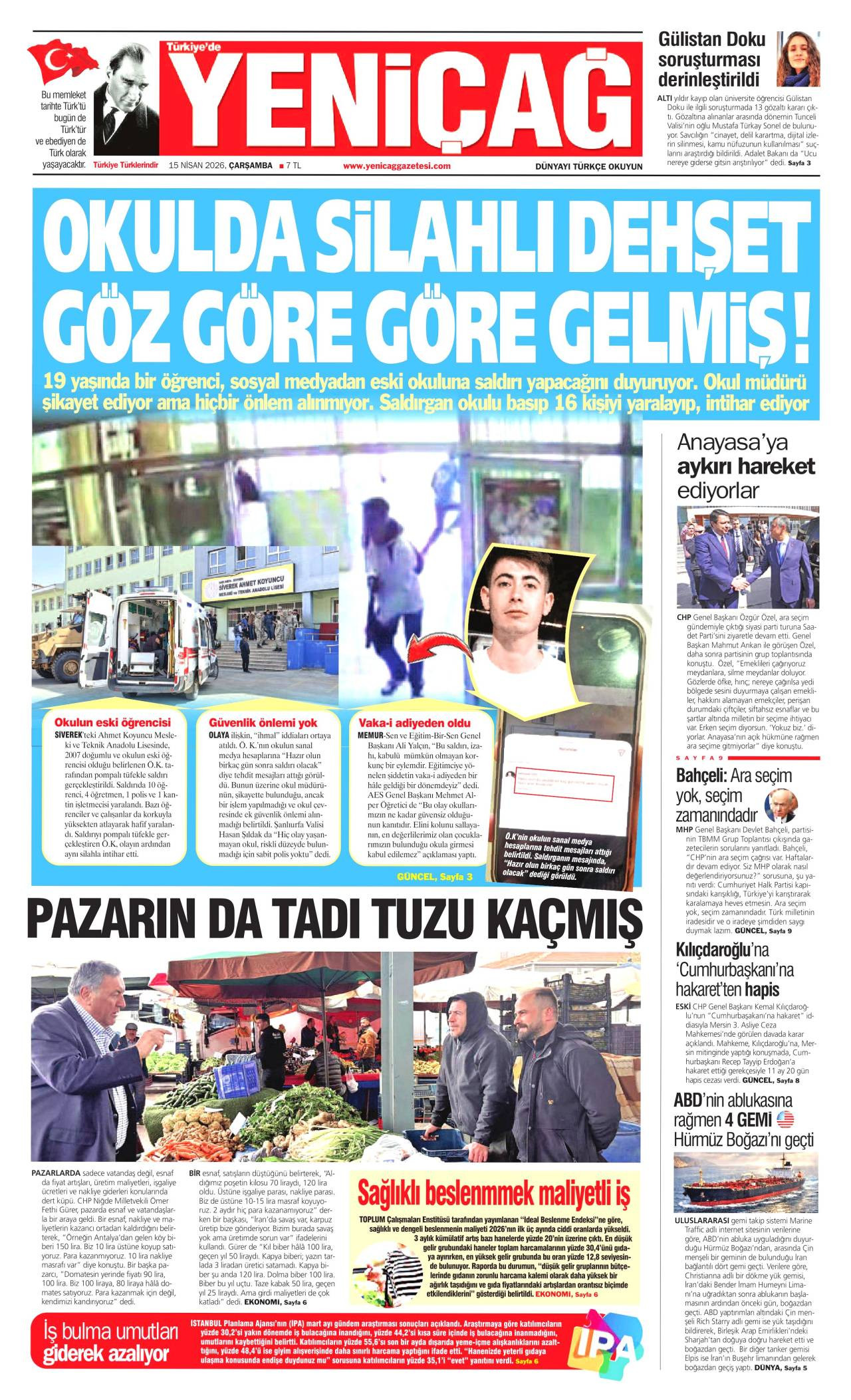 Yeniçağ Gazetesi Gazete Manşeti